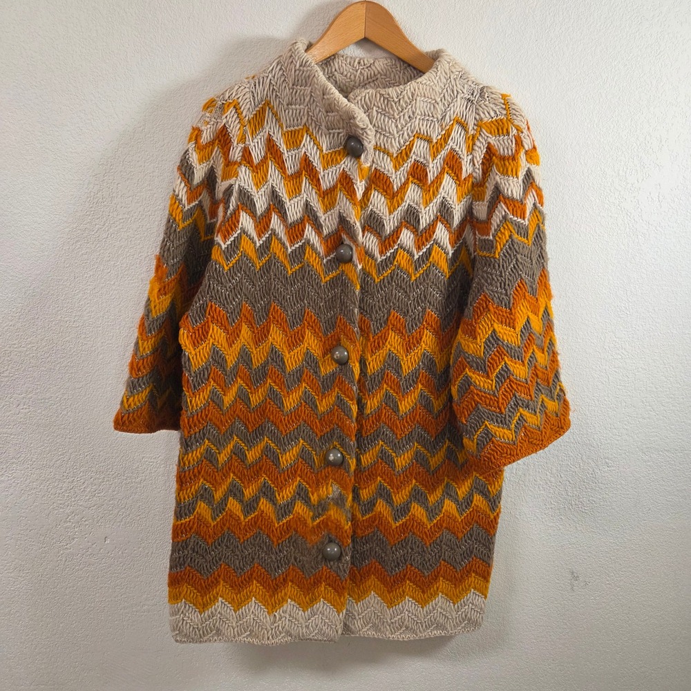 Vintage 70s Petti Glen Chevron Knit Cardigan Coat Orange Brown Mock Neck Large